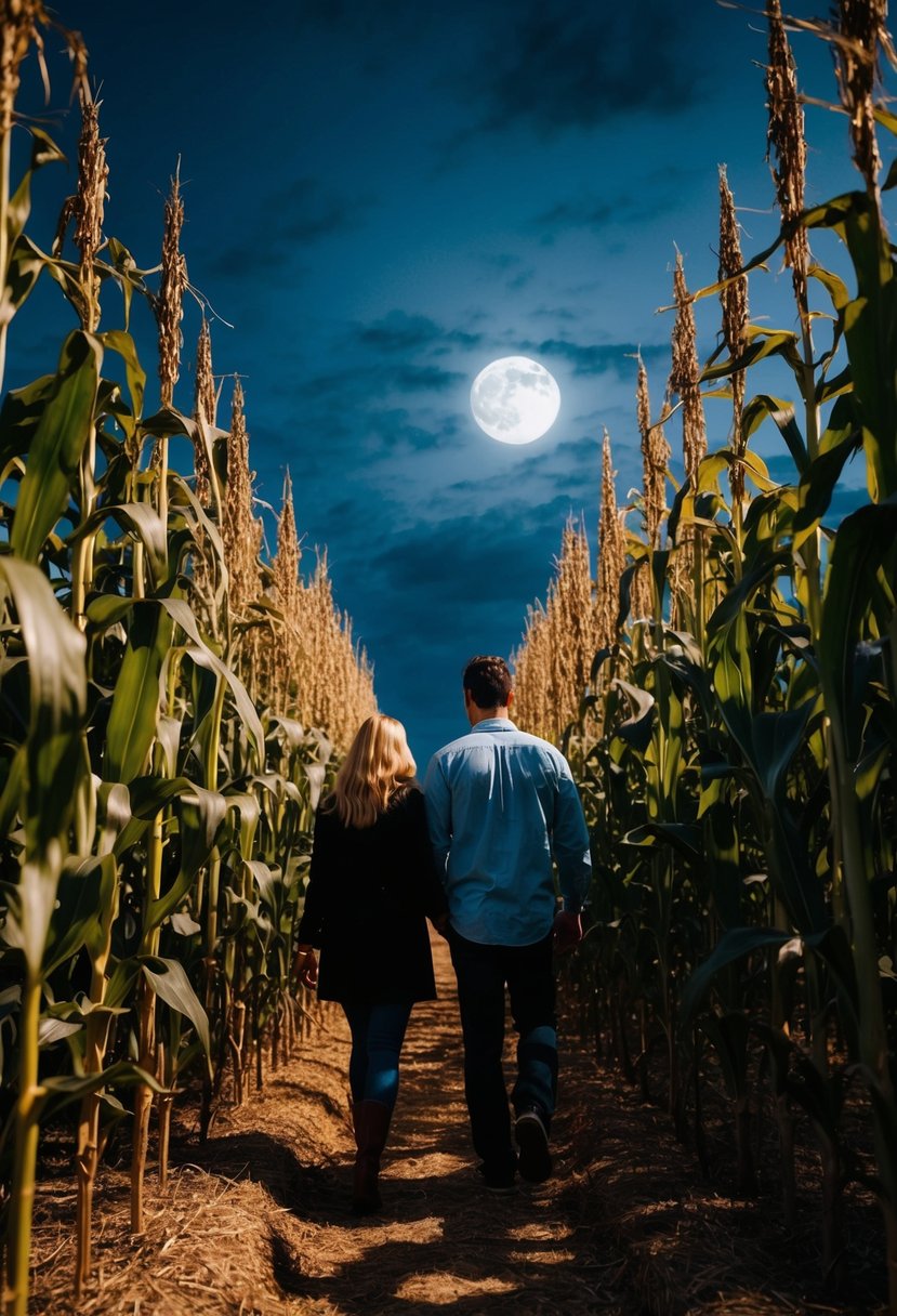 A couple wanders through a moonlit corn maze, surrounded by towering stalks and mysterious shadows