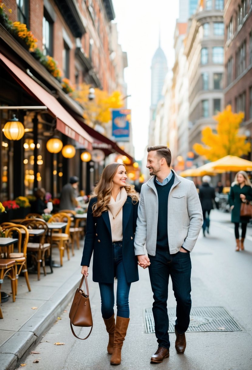 A couple walks through a bustling city street, surrounded by charming cafes and lively attractions. They enjoy the fall atmosphere, taking in the sights and sounds of the new city