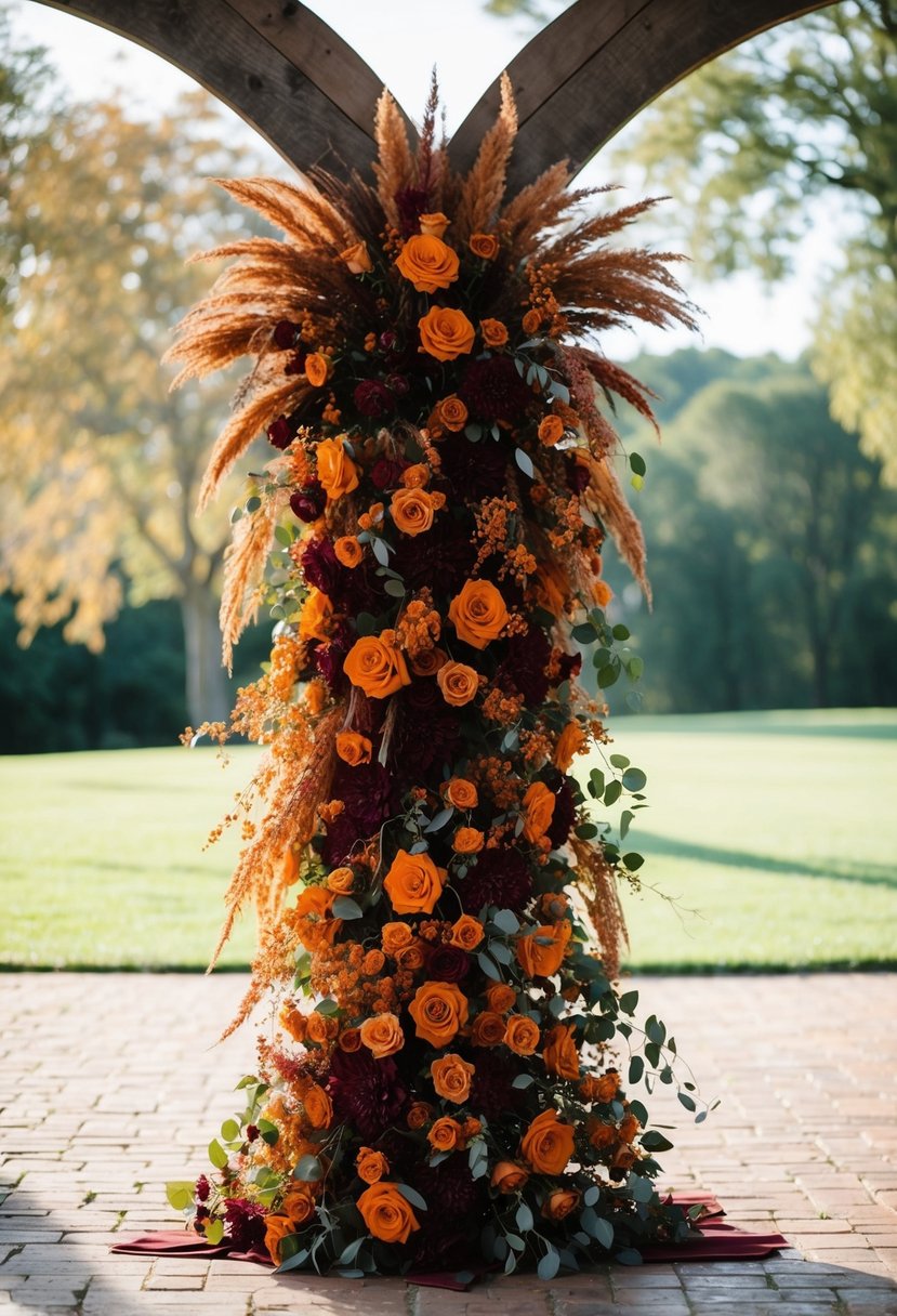 A rich burnt orange and burgundy floral arrangement cascading down a rustic wooden archway