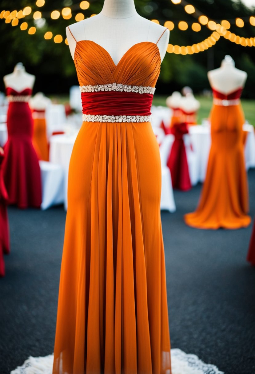 Burnt orange dresses with red accessories in a wedding setting