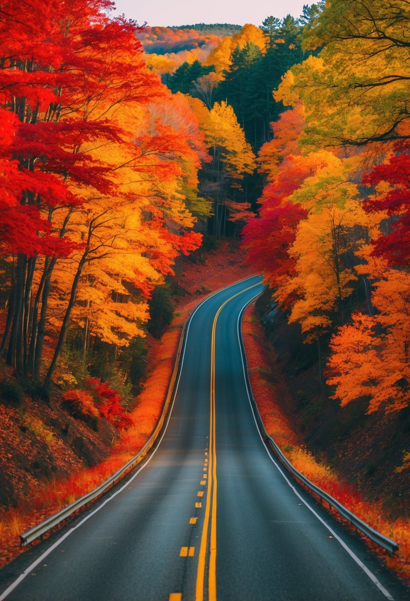 A winding road through a forest ablaze with red, orange, and yellow leaves. The sun casts a warm glow on the foliage, creating a picturesque autumn scene