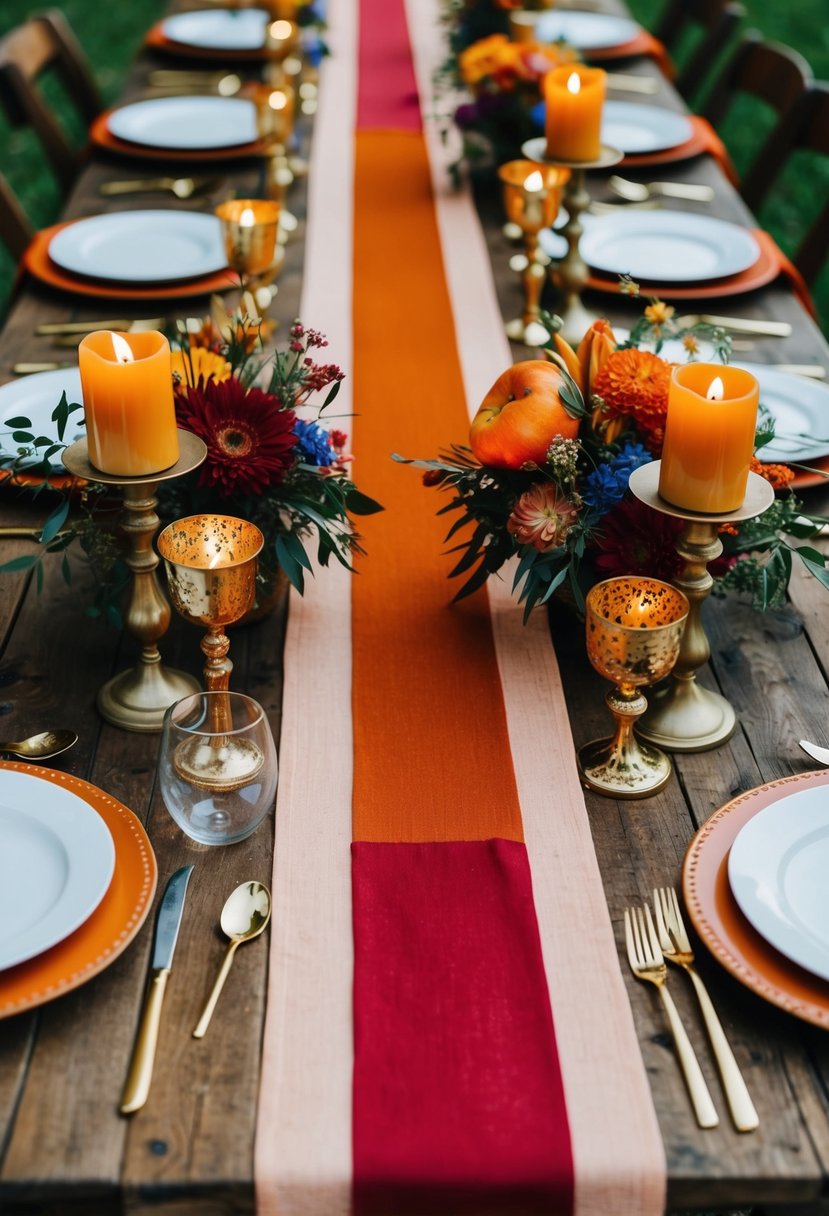 Burnt orange and red table runners draped across a rustic wooden table, adorned with golden candle holders and vibrant floral centerpieces