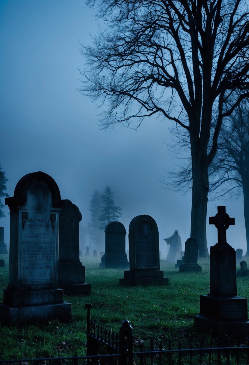 A foggy graveyard at night, with old tombstones and eerie trees casting shadows. A ghostly figure hovers in the distance