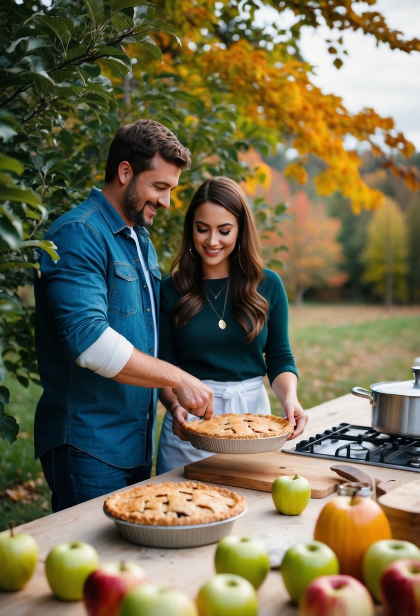 A couple picks apples in an orchard, then bakes a pie together in a cozy kitchen with fall foliage outside