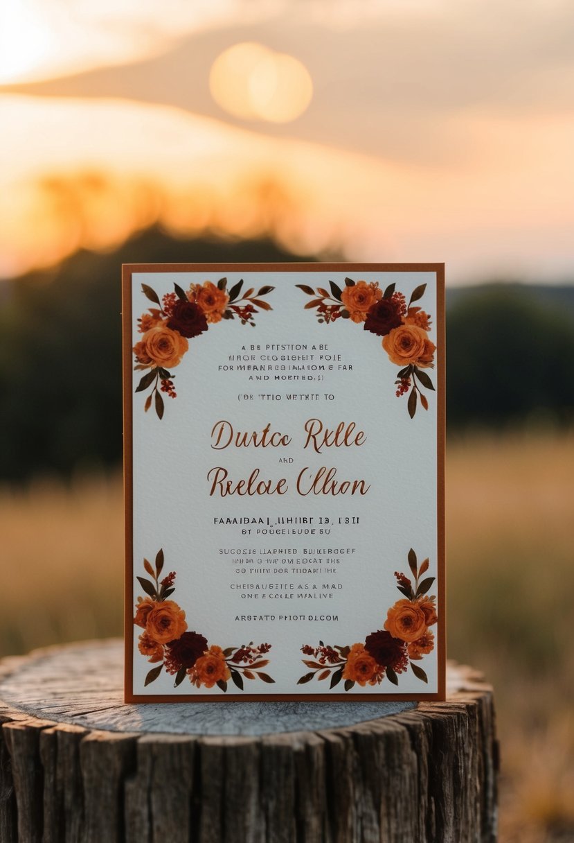 A rustic wedding invitation with burnt orange and red floral motifs set against a warm, sunset backdrop