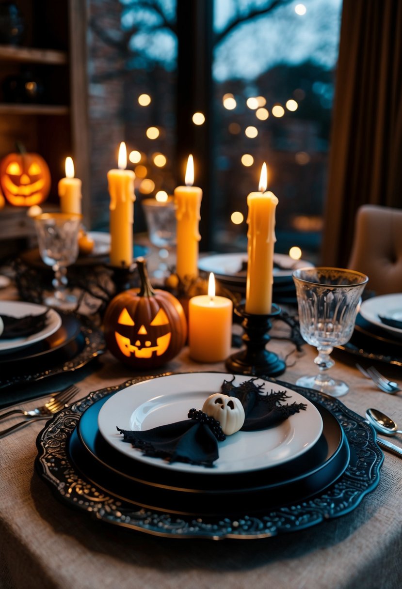 A cozy table set with spooky decor, flickering candles, and Halloween-themed dinnerware, creating a romantic ambiance for a couples' Halloween date