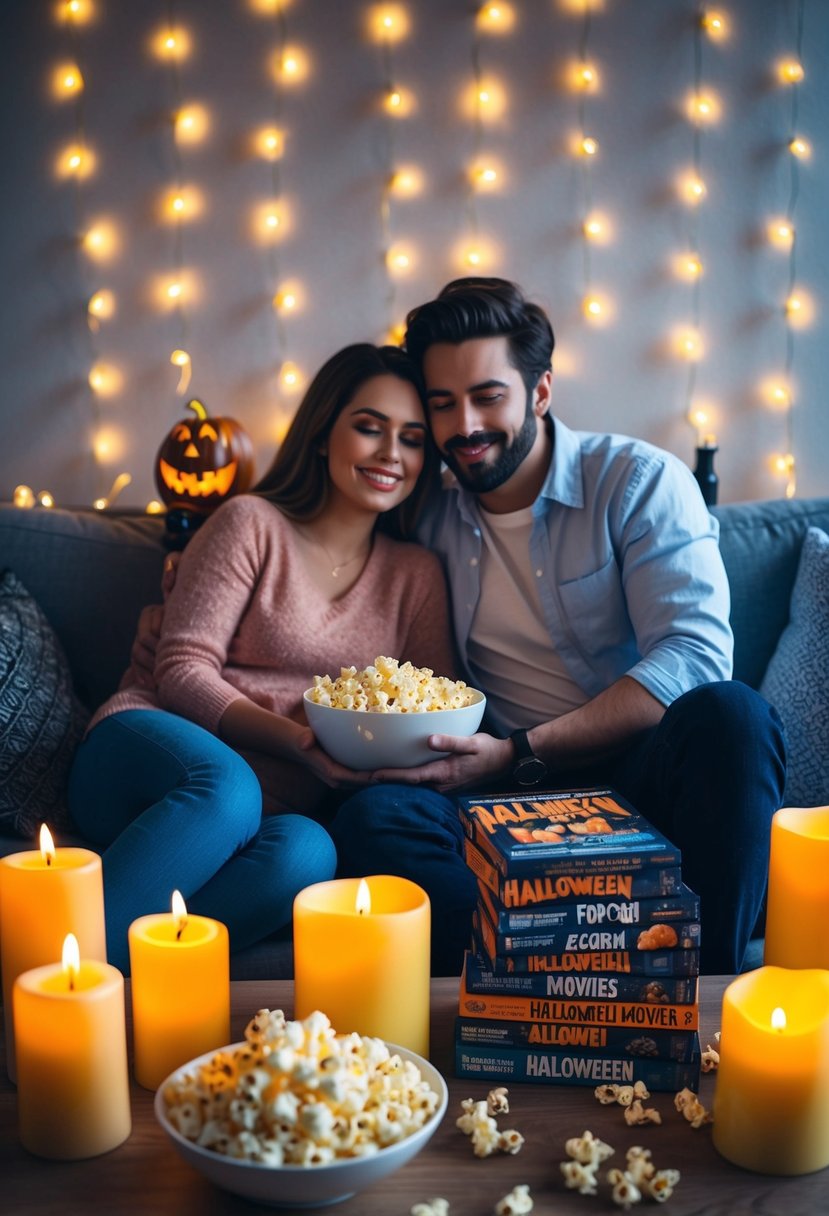 A couple snuggles on the couch surrounded by flickering candles, a bowl of popcorn, and a stack of classic Halloween movies