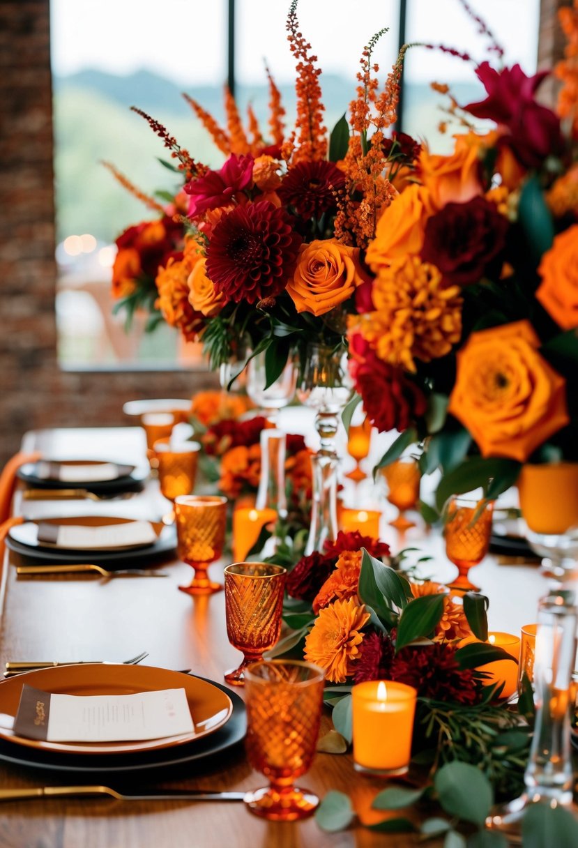 A table adorned with burnt orange and red floral centerpieces, creating a warm and vibrant atmosphere for a wedding celebration