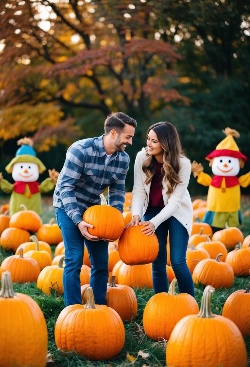 A couple picking pumpkins in a colorful patch, surrounded by autumn foliage and cheerful scarecrows