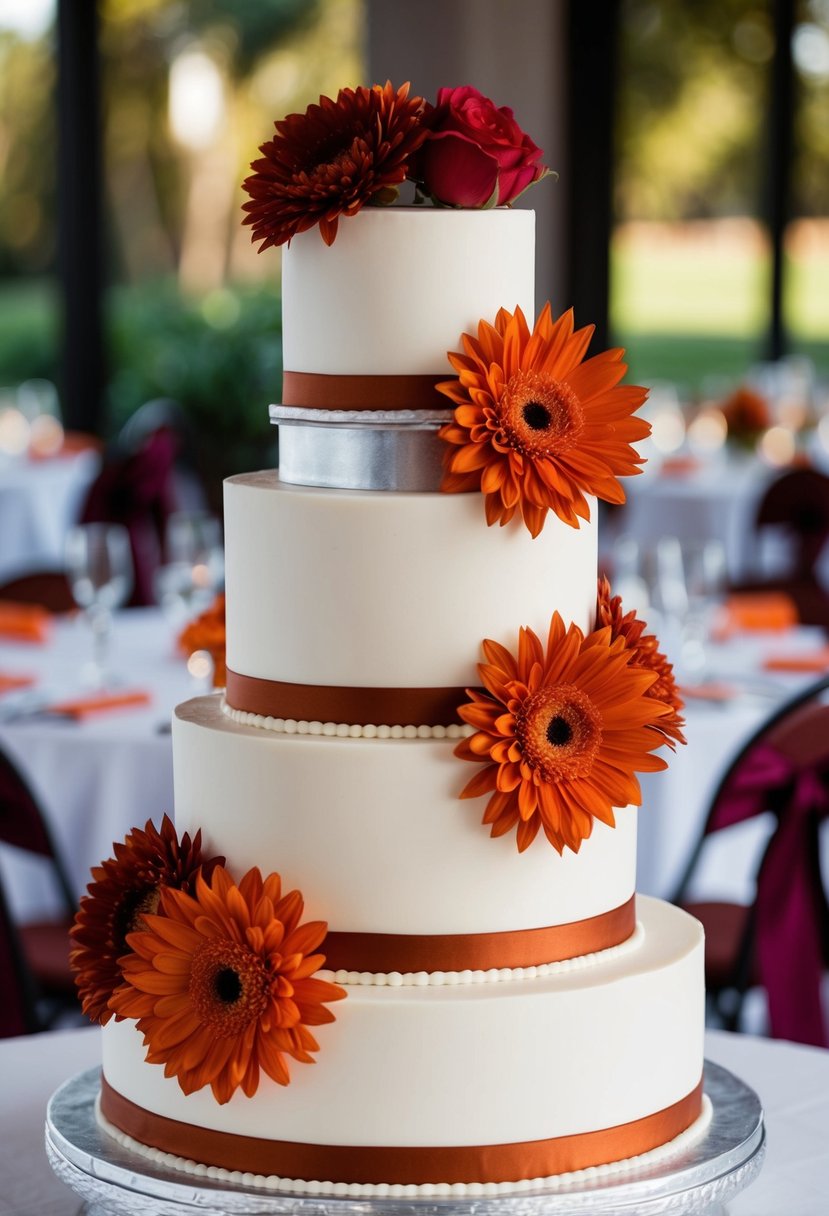 A three-tiered wedding cake adorned with burnt orange and red flowers and ribbons