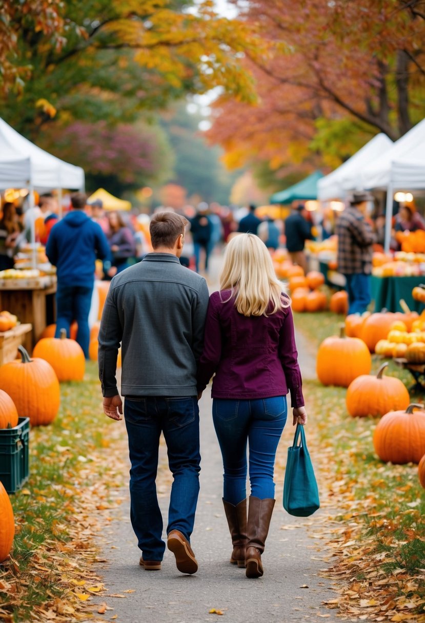 A couple walks through a bustling fall festival, surrounded by colorful leaves, pumpkin patches, and vendors selling seasonal treats and crafts