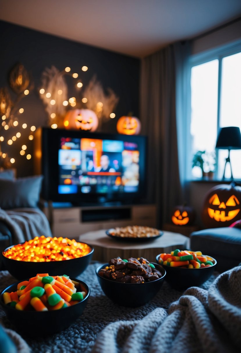 A dimly lit living room with a flickering TV, surrounded by bowls of Halloween treats and cozy blankets