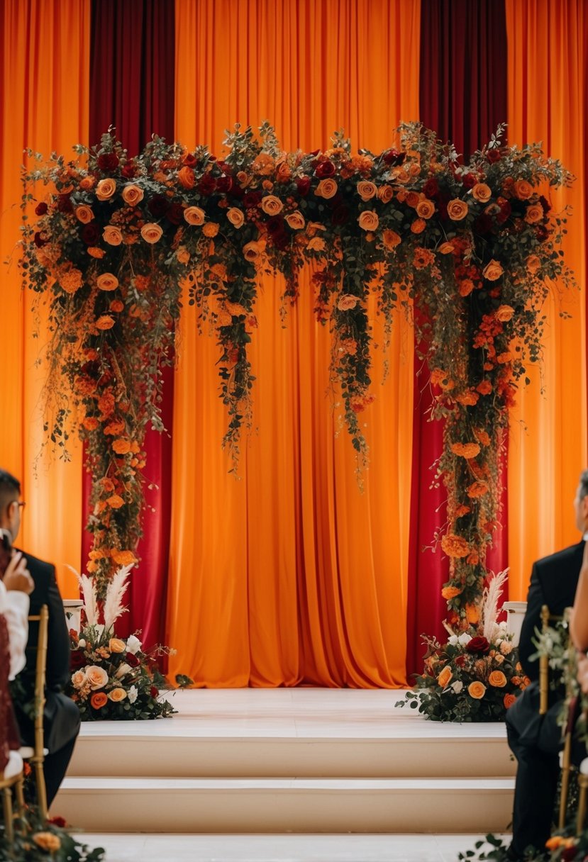 A grand ceremony backdrop in burnt orange and red, adorned with cascading flowers and shimmering fabric