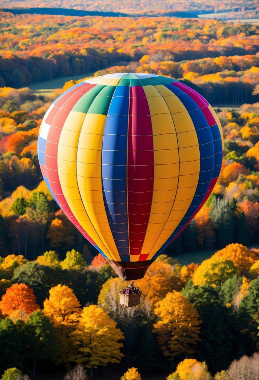 A colorful hot air balloon floats over a forest ablaze with autumn leaves, offering a breathtaking view of the vibrant foliage below