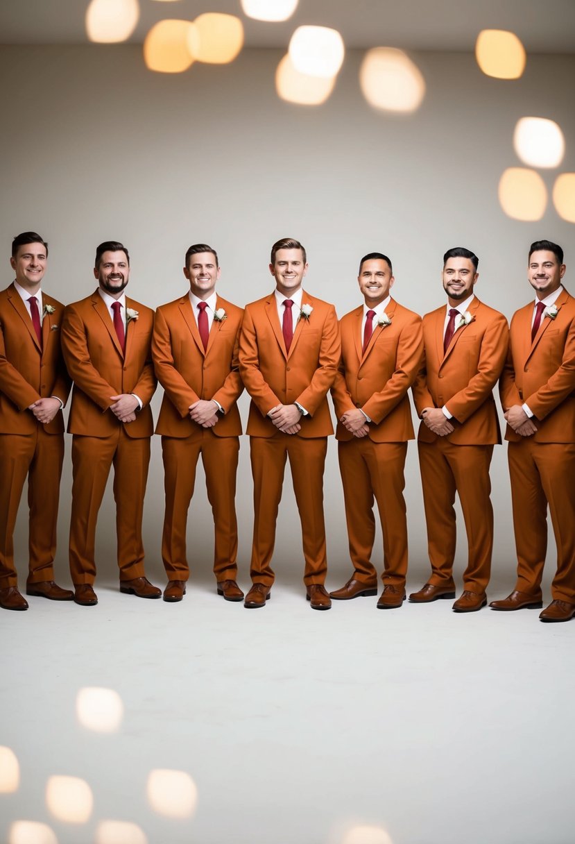 A group of groomsmen standing together, wearing burnt orange suits with red ties, against a neutral background