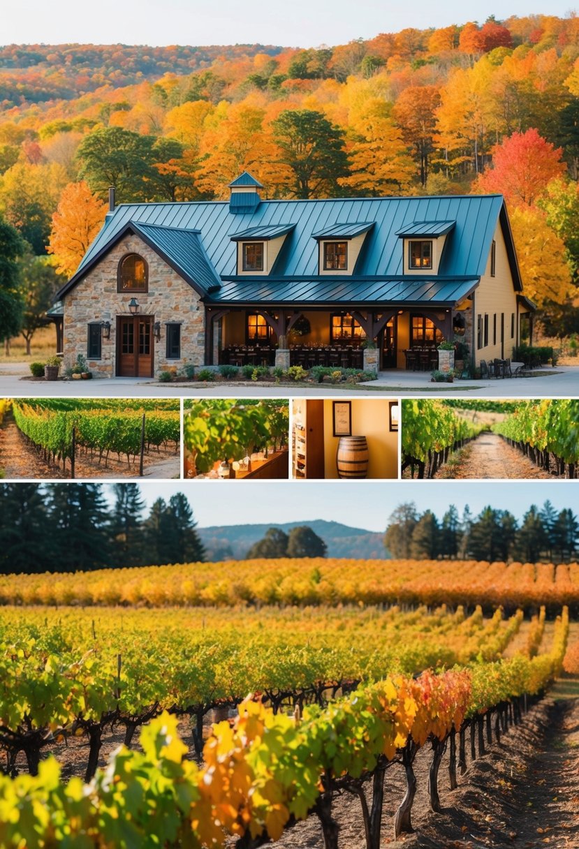 A cozy winery with rows of grapevines, a charming tasting room, and a rustic barrel room, all set against a backdrop of colorful autumn foliage