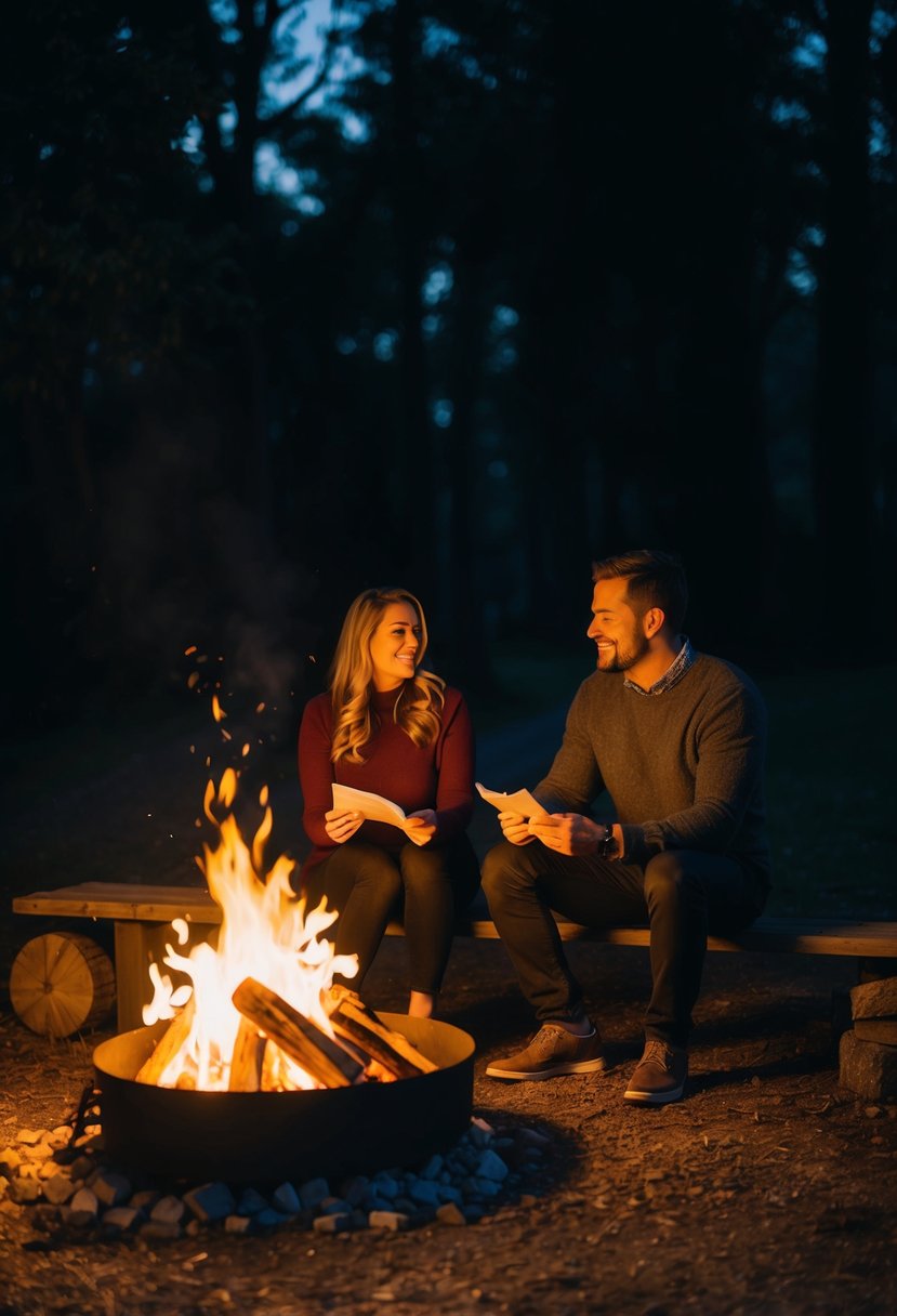 A couple sits by a crackling bonfire, surrounded by darkness. The flickering flames cast eerie shadows as they share spooky stories