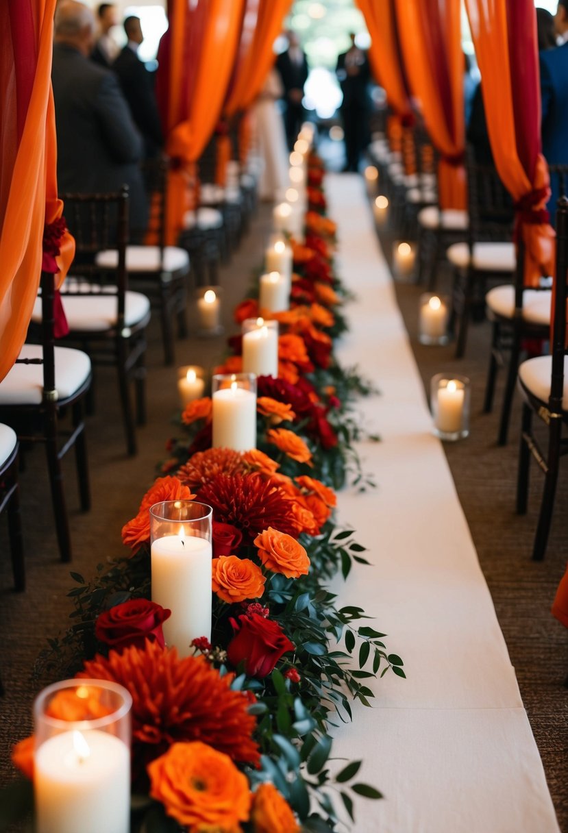 Aisle lined with burnt orange and red flowers, candles, and fabric draping