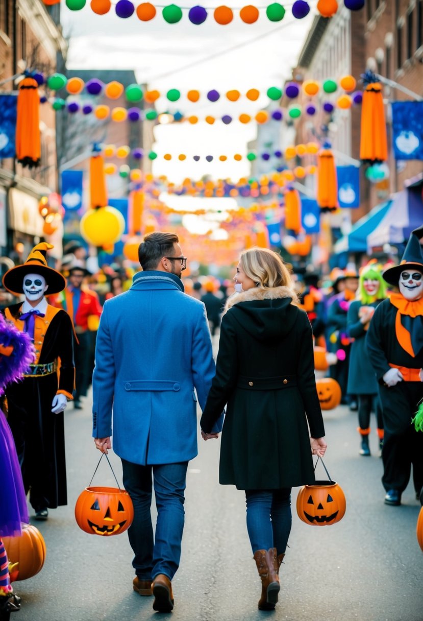 A couple walks through a festive Halloween parade, surrounded by costumed characters, colorful decorations, and spooky music