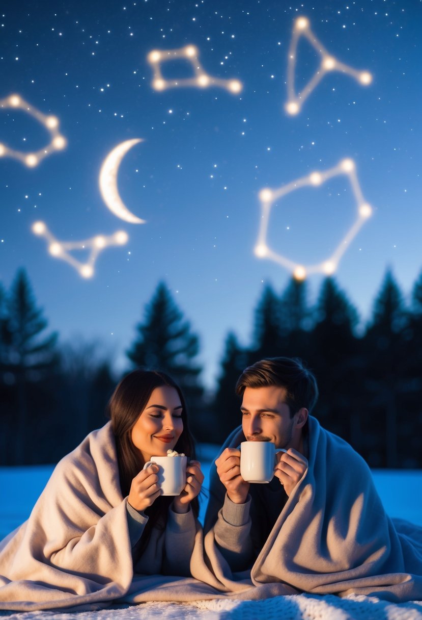 A couple lies under a blanket, sipping hot cocoa, gazing at the stars on a clear, crisp evening. The sky is filled with twinkling constellations and a crescent moon