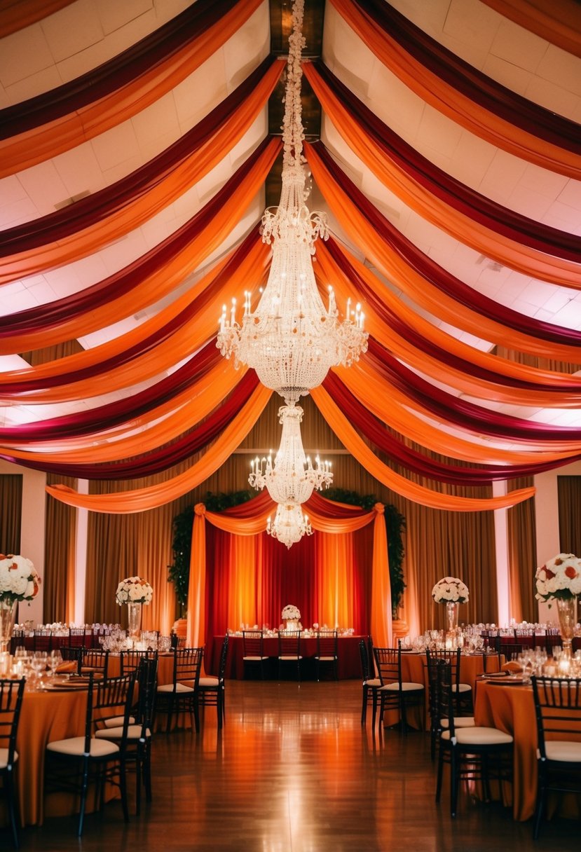 A grand ballroom adorned with burnt orange and red drapery, creating a warm and romantic atmosphere for a wedding celebration