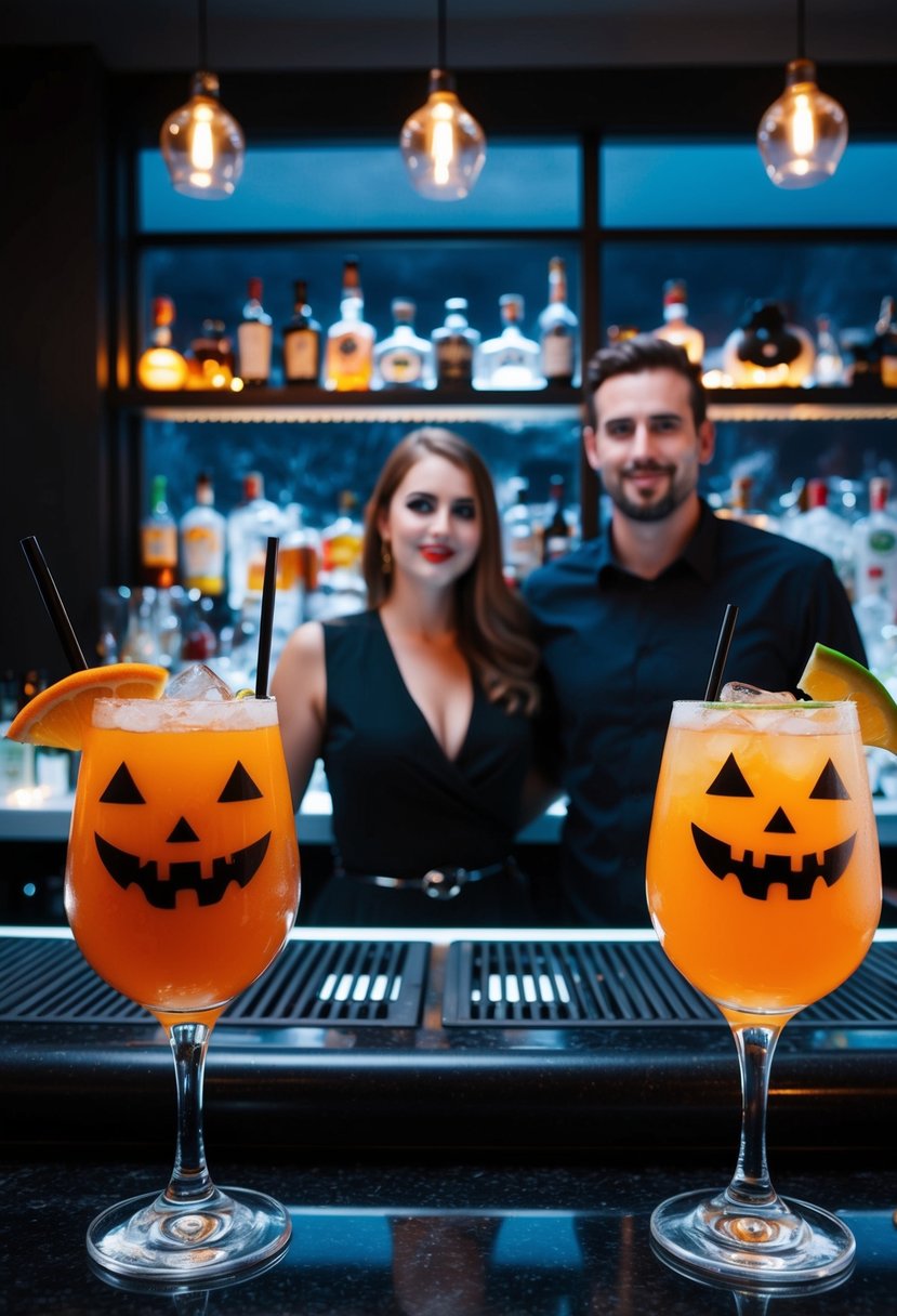 A dimly lit bar with spooky decor, two Halloween-themed cocktails on the counter, and a couple enjoying a mixology night