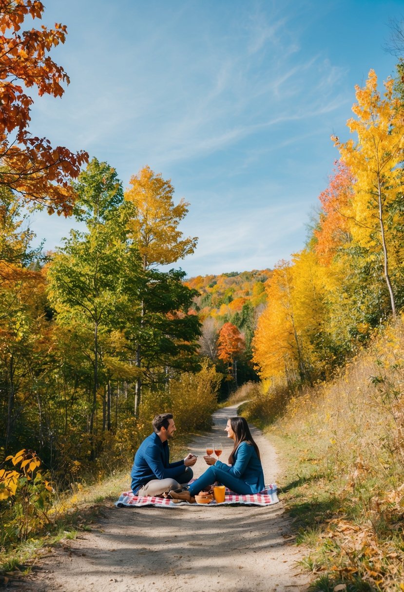 A couple picnicking on a scenic trail, surrounded by colorful fall foliage and a clear blue sky