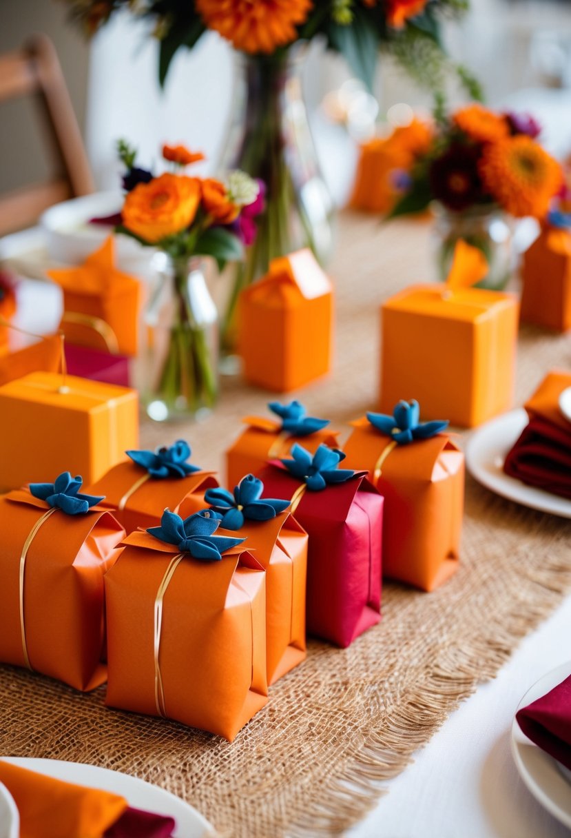 Burnt orange and red wedding favors arranged on a table with matching color decor and floral accents