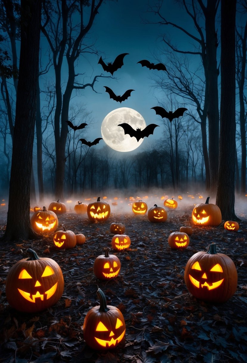 A spooky forest clearing with pumpkins, bats, and a full moon, surrounded by eerie fog and glowing jack-o-lanterns