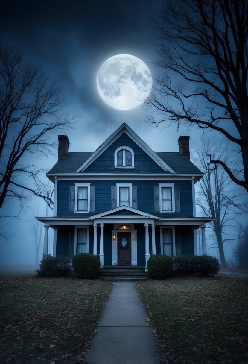 A moonlit haunted house with creaky doors and eerie shadows, surrounded by bare trees and fog