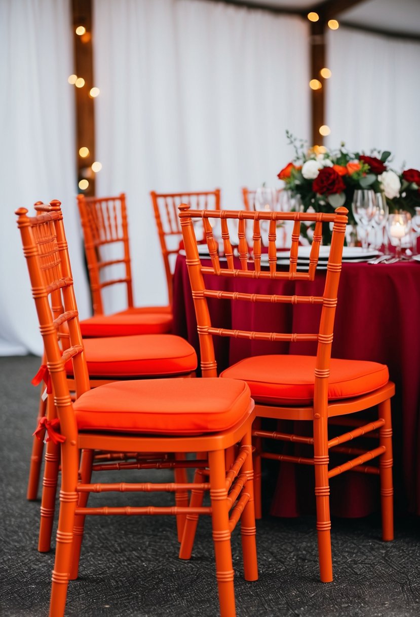 Burnt orange Chiavari chairs with red cushions arranged in a wedding reception setting