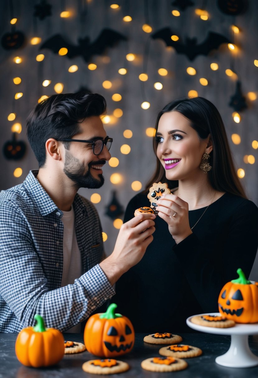 A couple decorates spooky cookies and cupcakes for Halloween