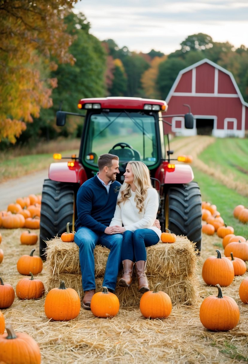 A couple sits on a hay bale, surrounded by pumpkins and autumn foliage, as a tractor pulls them through a picturesque farm