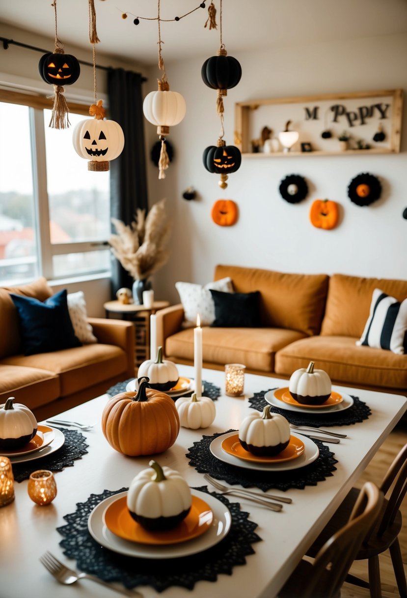 A cozy living room adorned with handmade Halloween decorations and a table set for a romantic date for two