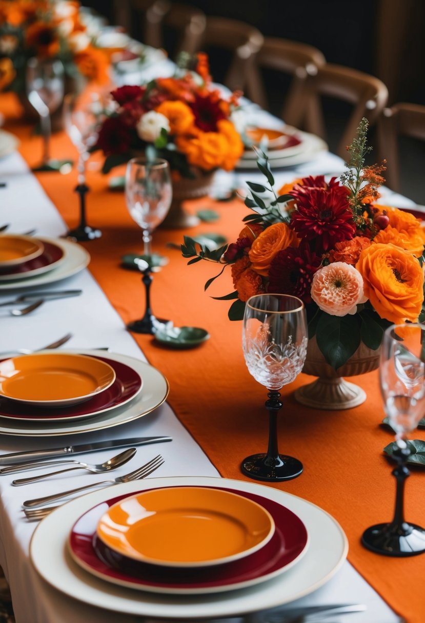 Burnt orange and red place settings arranged on a table with elegant dinnerware and floral centerpieces