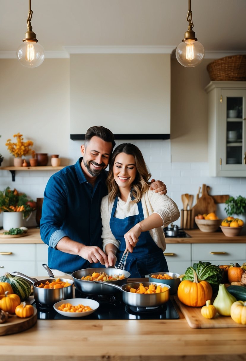 A cozy kitchen filled with autumn produce, pots and pans, and a couple joyfully cooking together