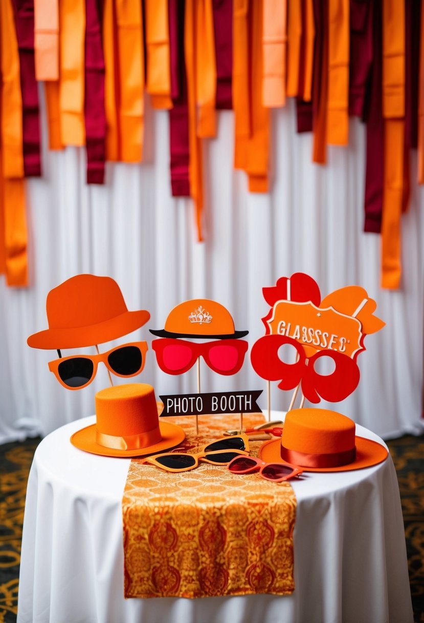 A table adorned with burnt orange and red photo booth props, including hats, glasses, and signs, set against a backdrop of coordinating wedding decor