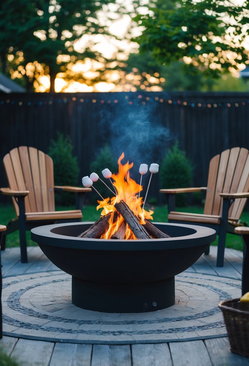 A cozy backyard fire pit with two chairs, a crackling fire, and marshmallows on sticks