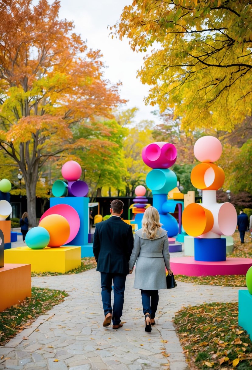 Vibrant sculptures and colorful installations fill the outdoor space, surrounded by autumn foliage. Couples stroll hand in hand, admiring the art