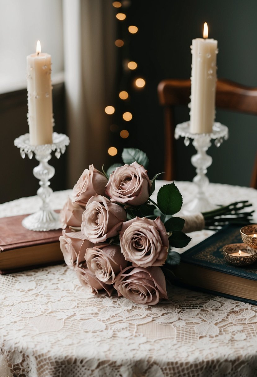 A dusty rose bouquet rests on a lace-covered table, surrounded by vintage books and delicate candle holders