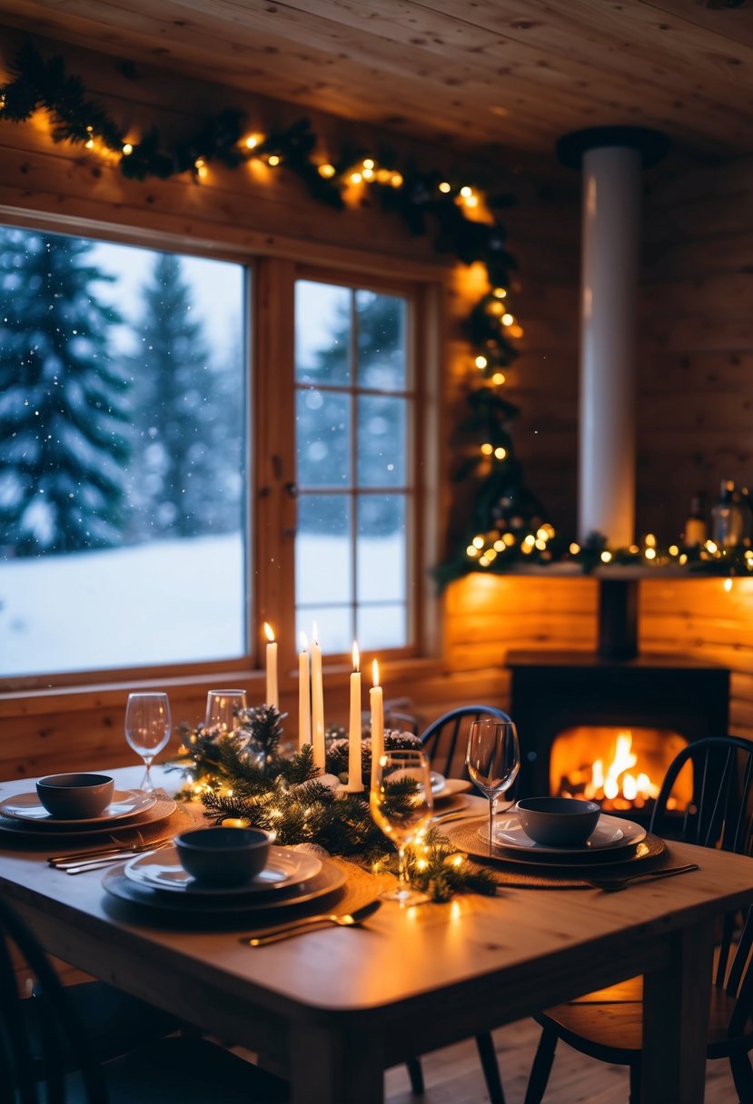 A cozy cabin with a crackling fireplace, soft snow falling outside, and a table set for two with candlelight and twinkling Christmas lights