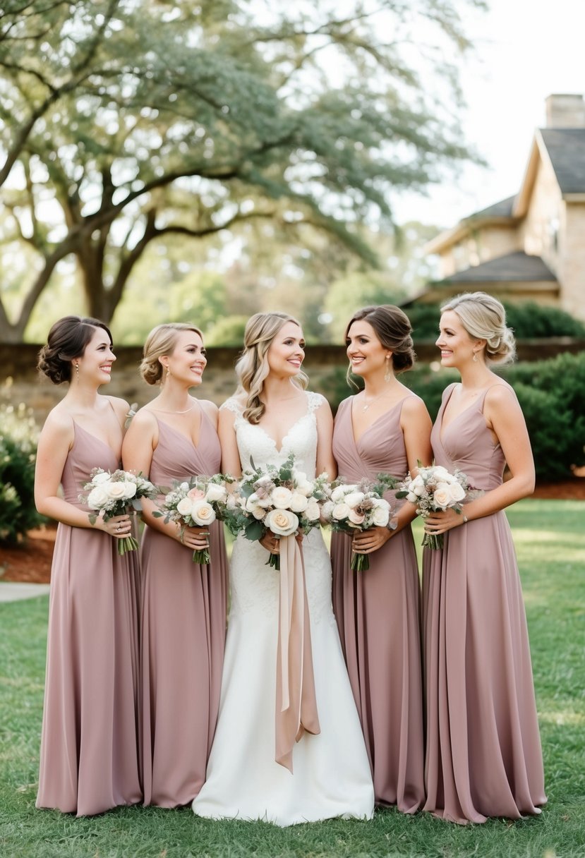 Dusty rose bridesmaid dresses with neutral accessories in a romantic wedding setting