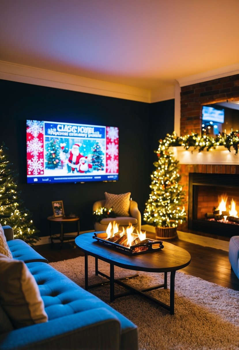 A cozy living room with a crackling fire, twinkling Christmas lights, and a big screen showing a classic holiday movie