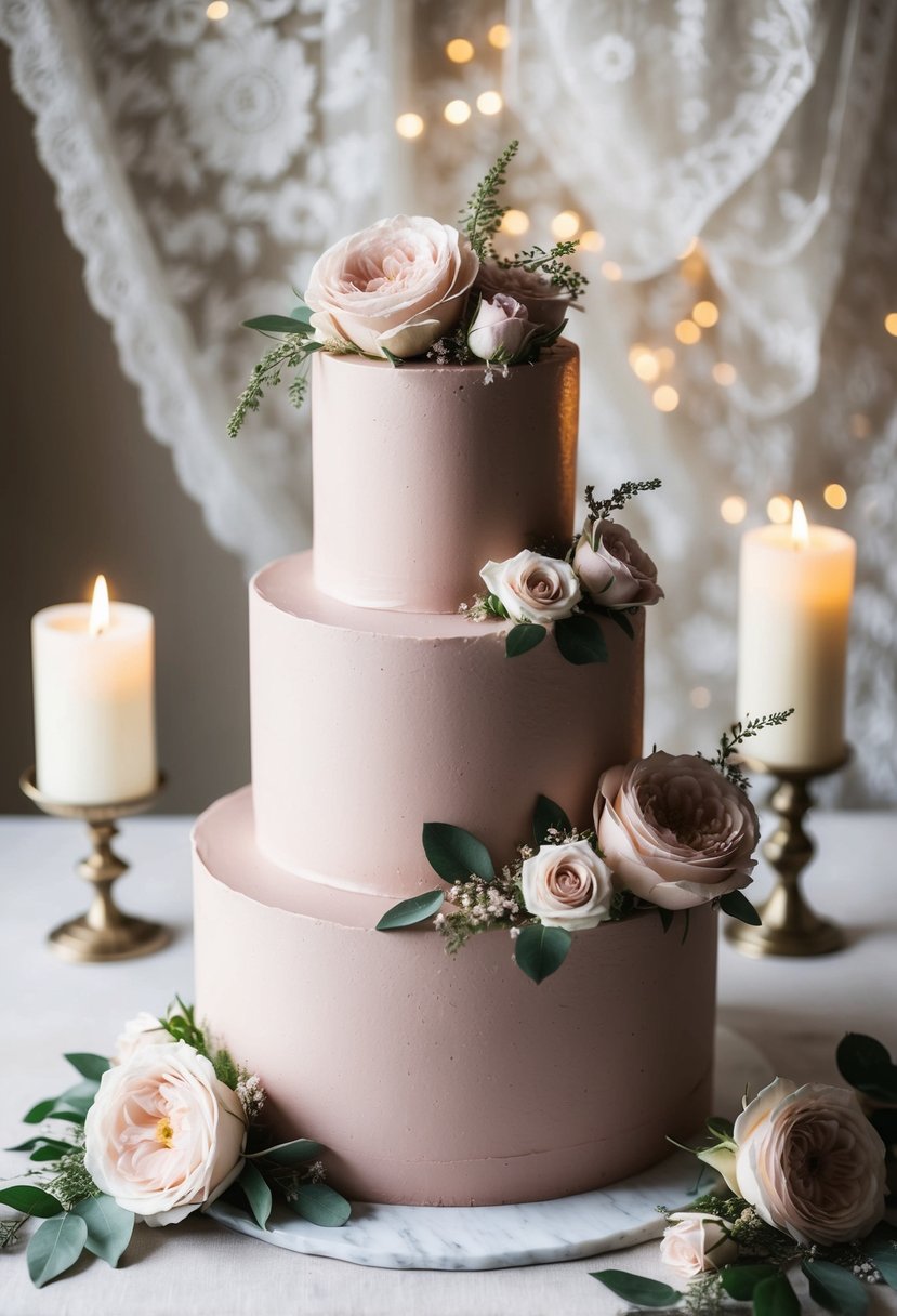 Three-tiered cakes in dusty rose buttercream, adorned with delicate roses and greenery, set against a romantic backdrop of soft candlelight and vintage lace