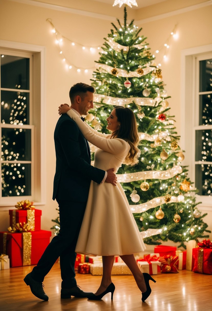 A couple slow dances by a glowing Christmas tree, surrounded by twinkling lights and festive decorations