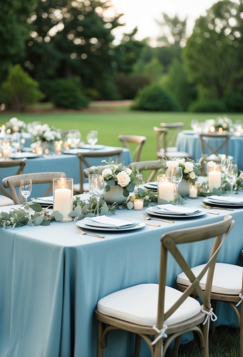 A serene outdoor wedding with dusty blue tablecloths, sage green centerpieces, and soft candlelight