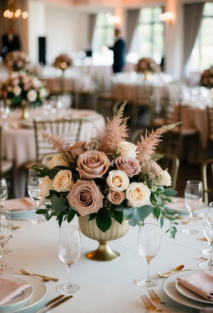 Dusty rose and gold floral centerpieces arranged on a table for a wedding reception