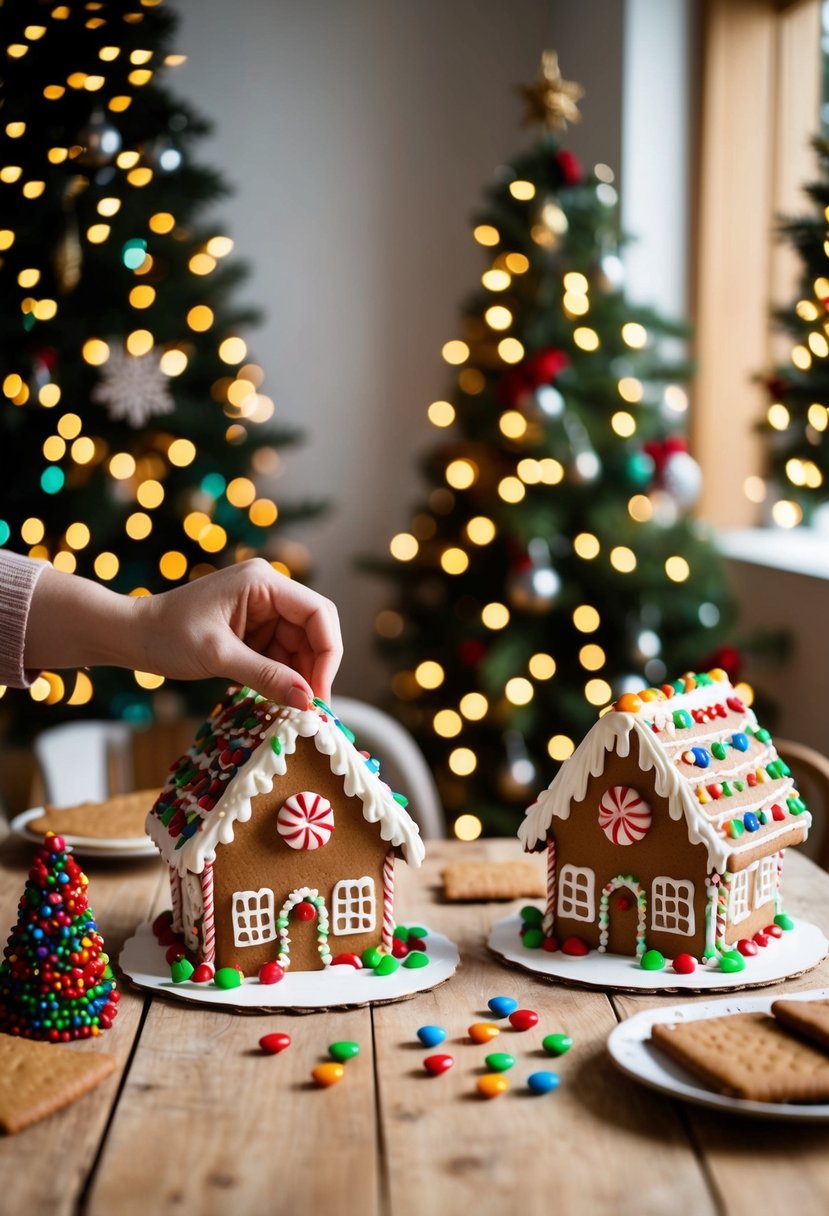 A cozy kitchen table with two gingerbread houses being decorated with icing and candy, surrounded by twinkling Christmas lights and festive decorations