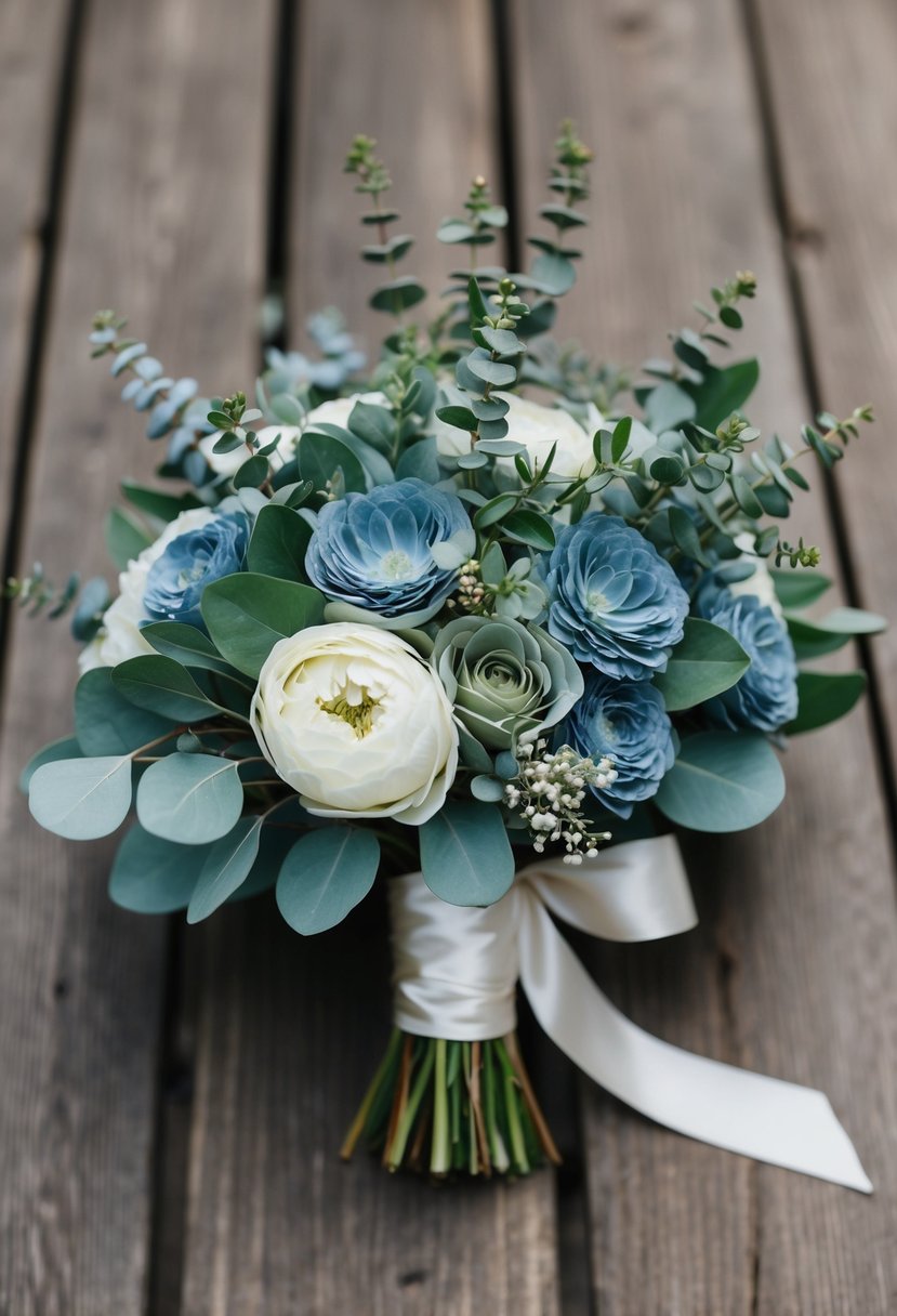 A bridal bouquet featuring dusty blue and sage green flowers with eucalyptus, tied with a delicate ribbon