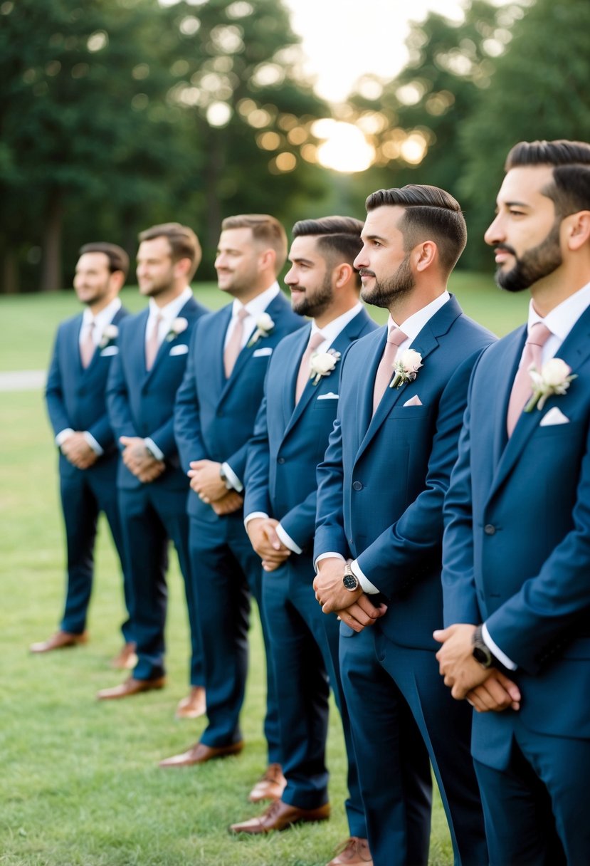 Groomsmen in navy suits with dusty rose ties stand in a line